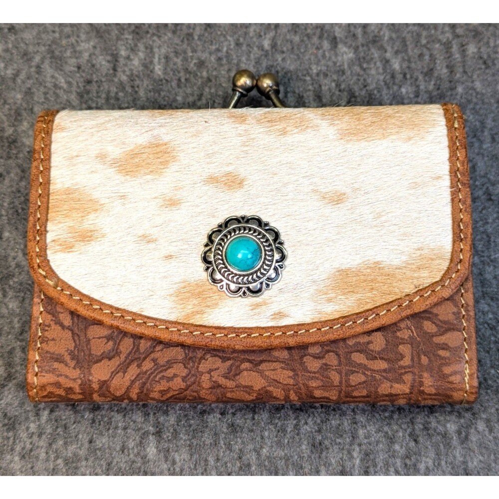 Myra Bag Cowhide Leather Wallet Turquoise Concho Western Hair On Hide